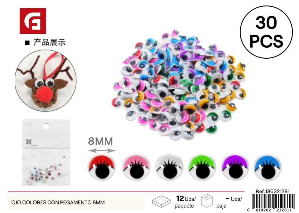 Ojos colores con pegatina 8mm 30 piezas - Material de manualidades