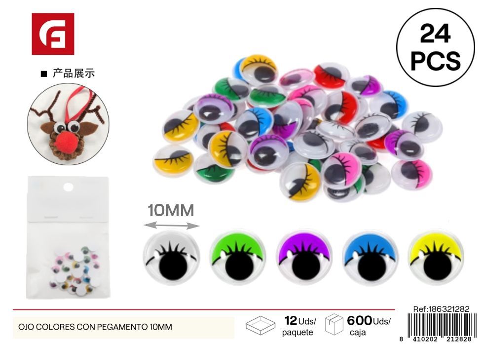 Ojos colores con pegatina 10mm 24 piezas - Material de manualidades