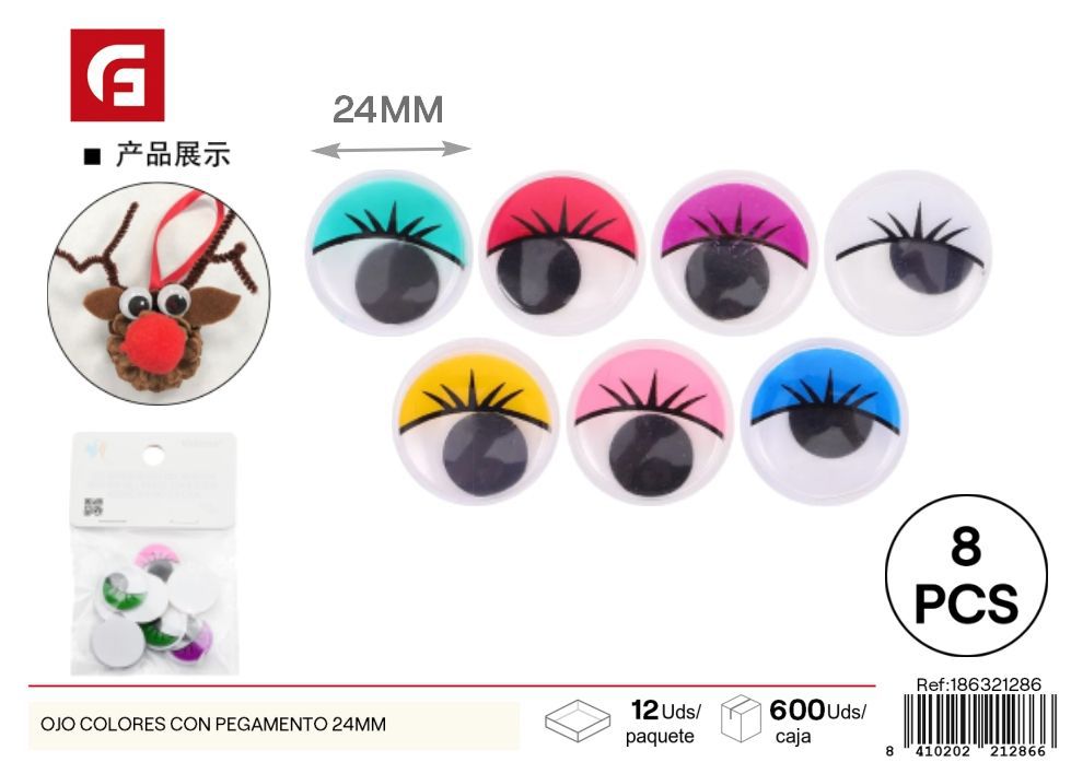 Ojos colores con pegatina 24mm 8 piezas - Material de manualidades