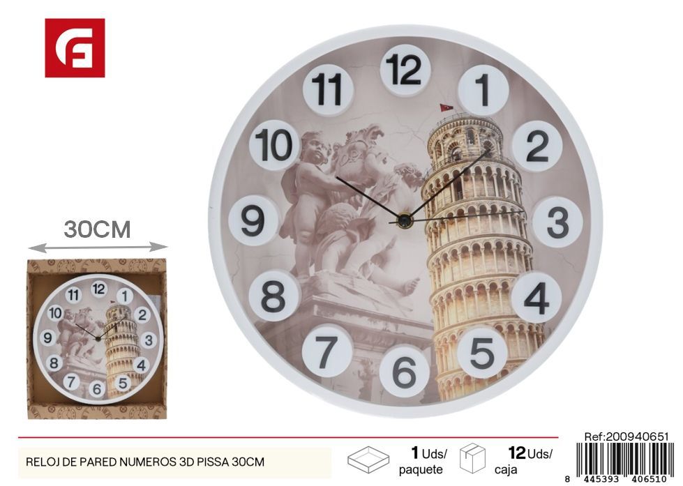 Reloj de pared números 3D Pisa 30 cm - Decoración del hogar