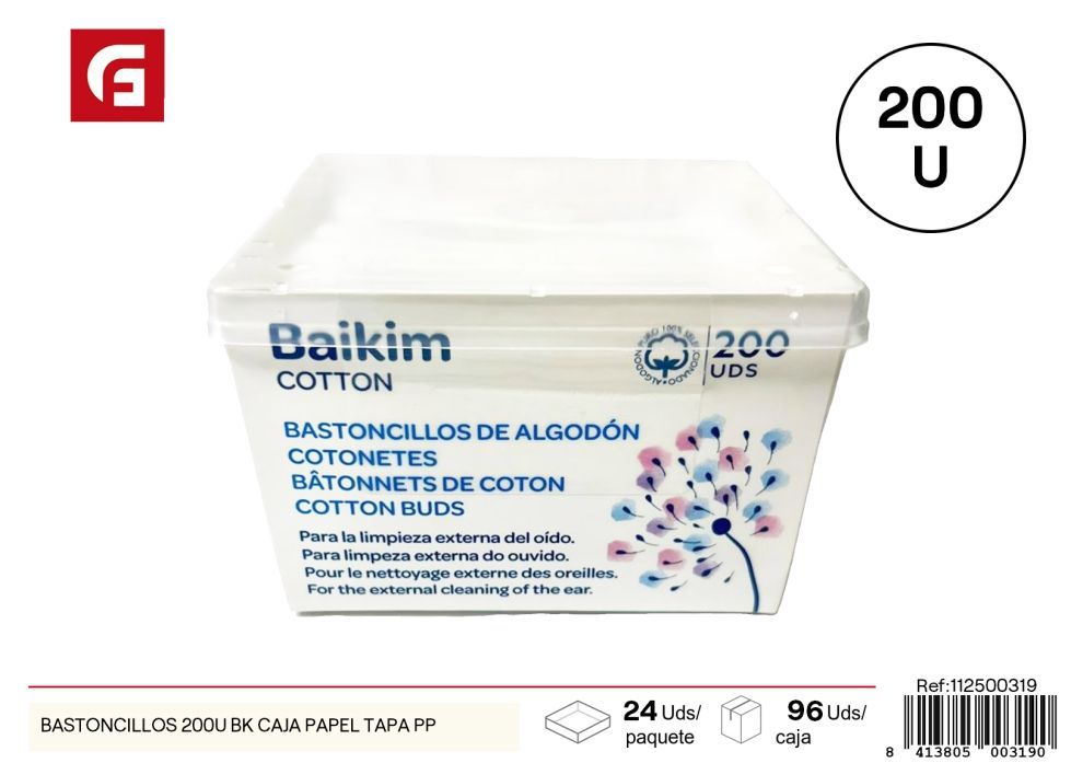 Bastoncillos de algodón 200 u caja papel tapa PP - Productos de cuidado personal