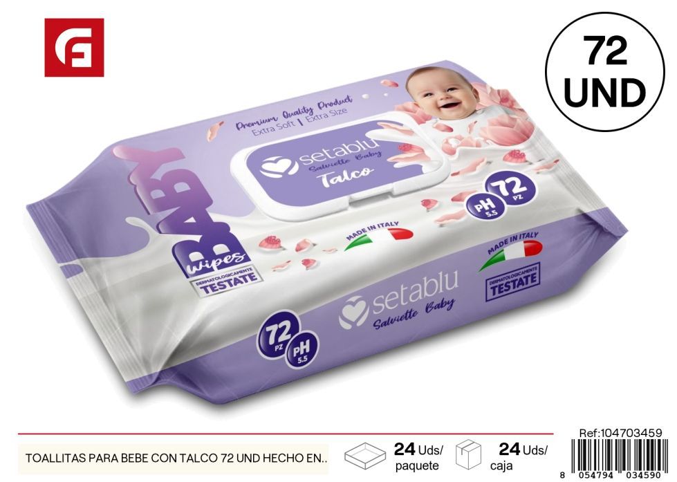 Toallitas húmedas para bebés con talco 72 unidades - Productos de cuidado personal hechos en Italia