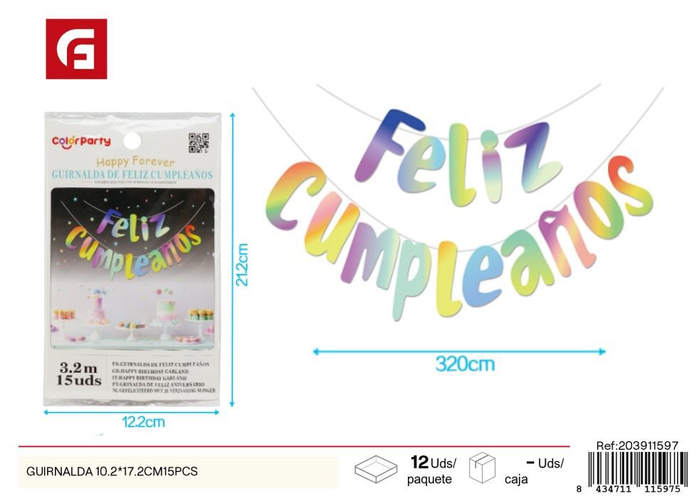 Girnalda de cumpleaños "Feliz Cumpleaños" 10.2x17.2 cm 15 pcs - Decoraciones de fiesta