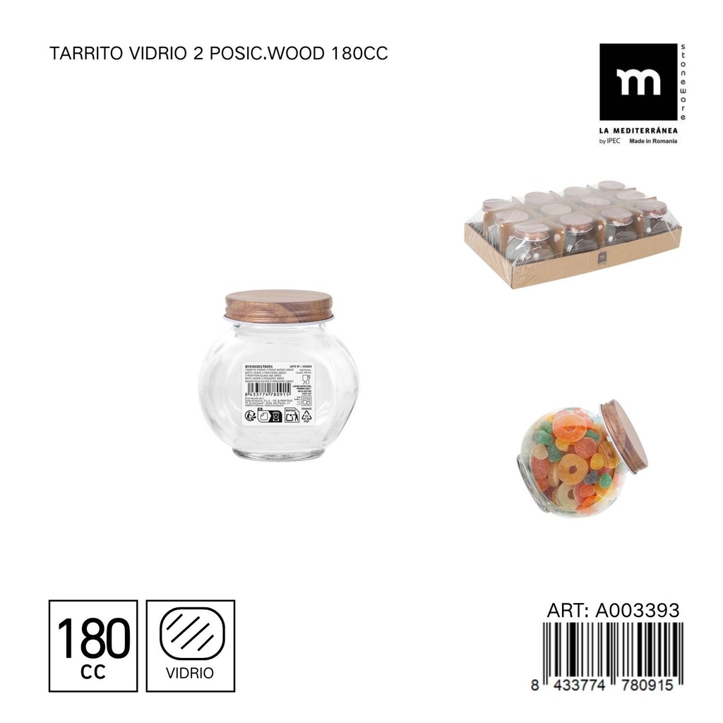 Tarrito de vidrio con tapa de madera 180cc - Tarro de almacenamiento decorativo