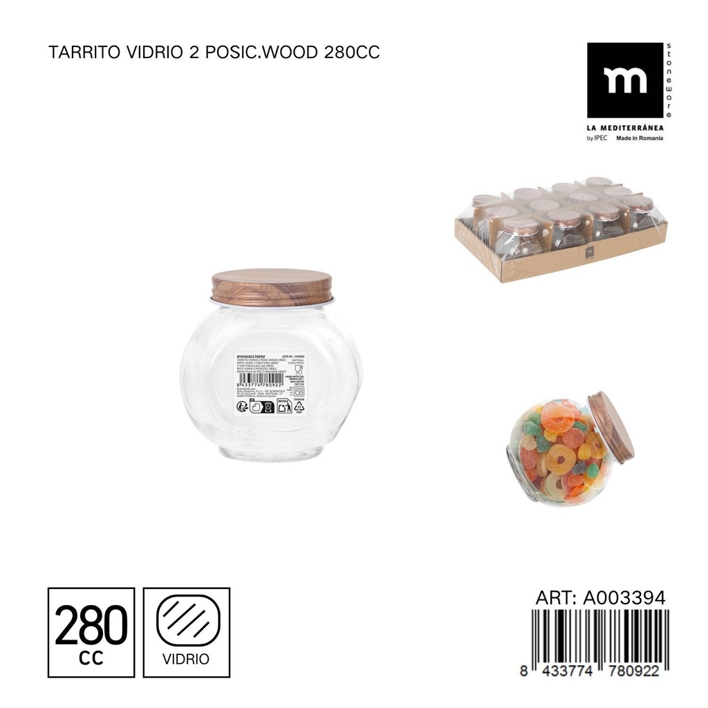 Tarrito de vidrio con tapa de madera 280cc - Tarro decorativo de almacenamiento