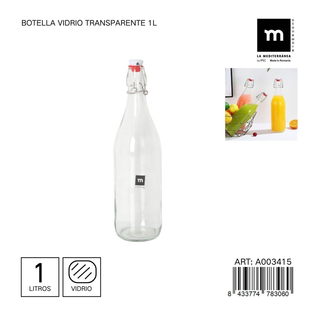 Botella de vidrio transparente 1L - Almacenamiento de cocina y frascos