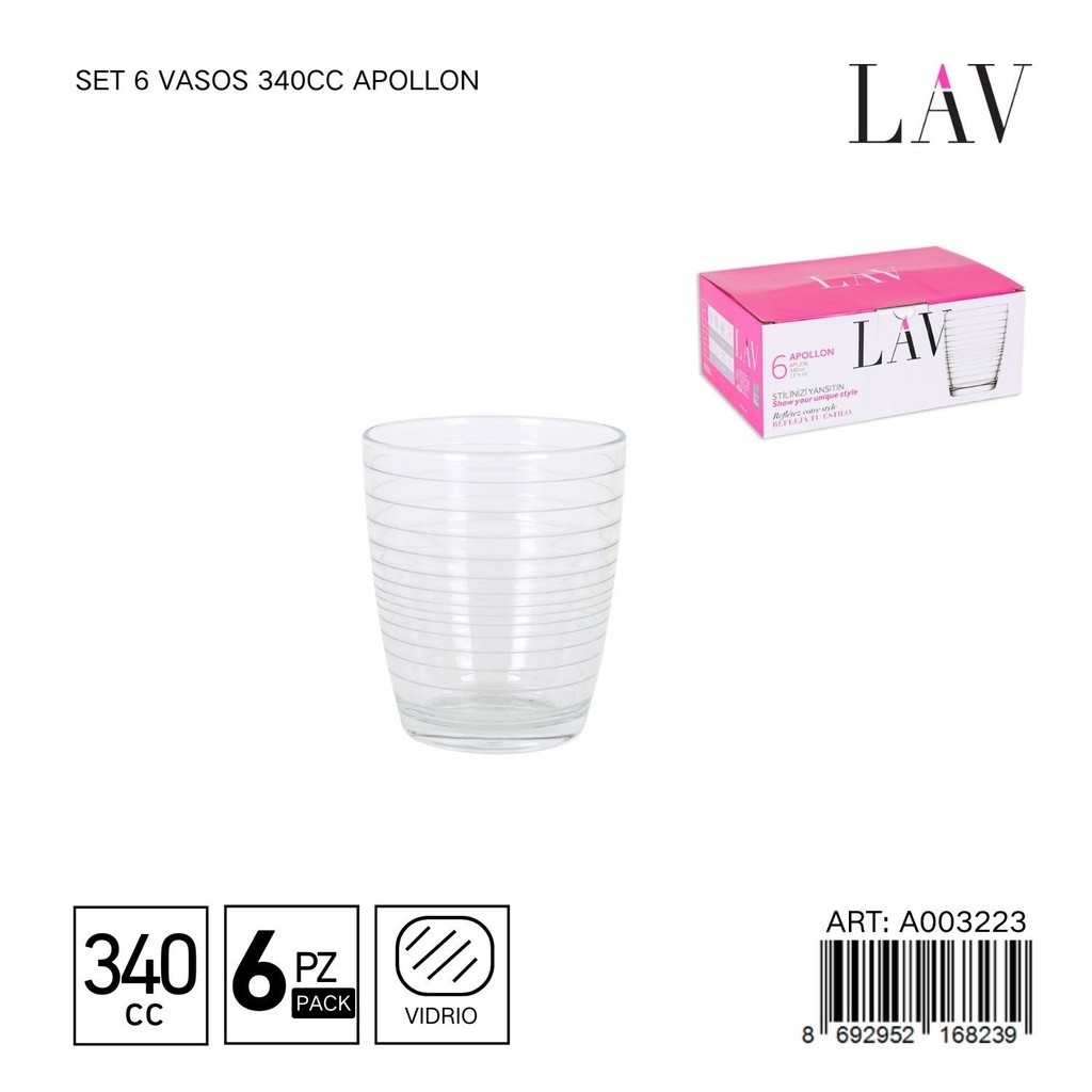 Set de 6 vasos de vidrio 340cc Apollon - Vaso durable para uso diario