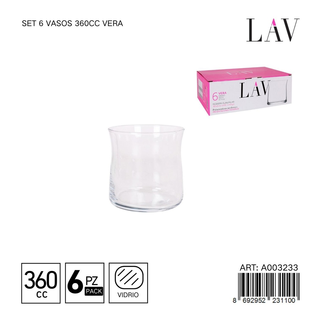 Set de 6 vasos de vidrio 360cc Vera - Vaso ideal para agua y jugos