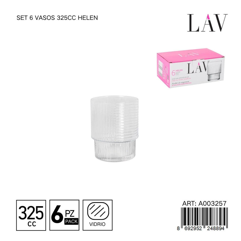Set de 6 vasos de vidrio 325cc Helen - Vaso apto para bebidas frías