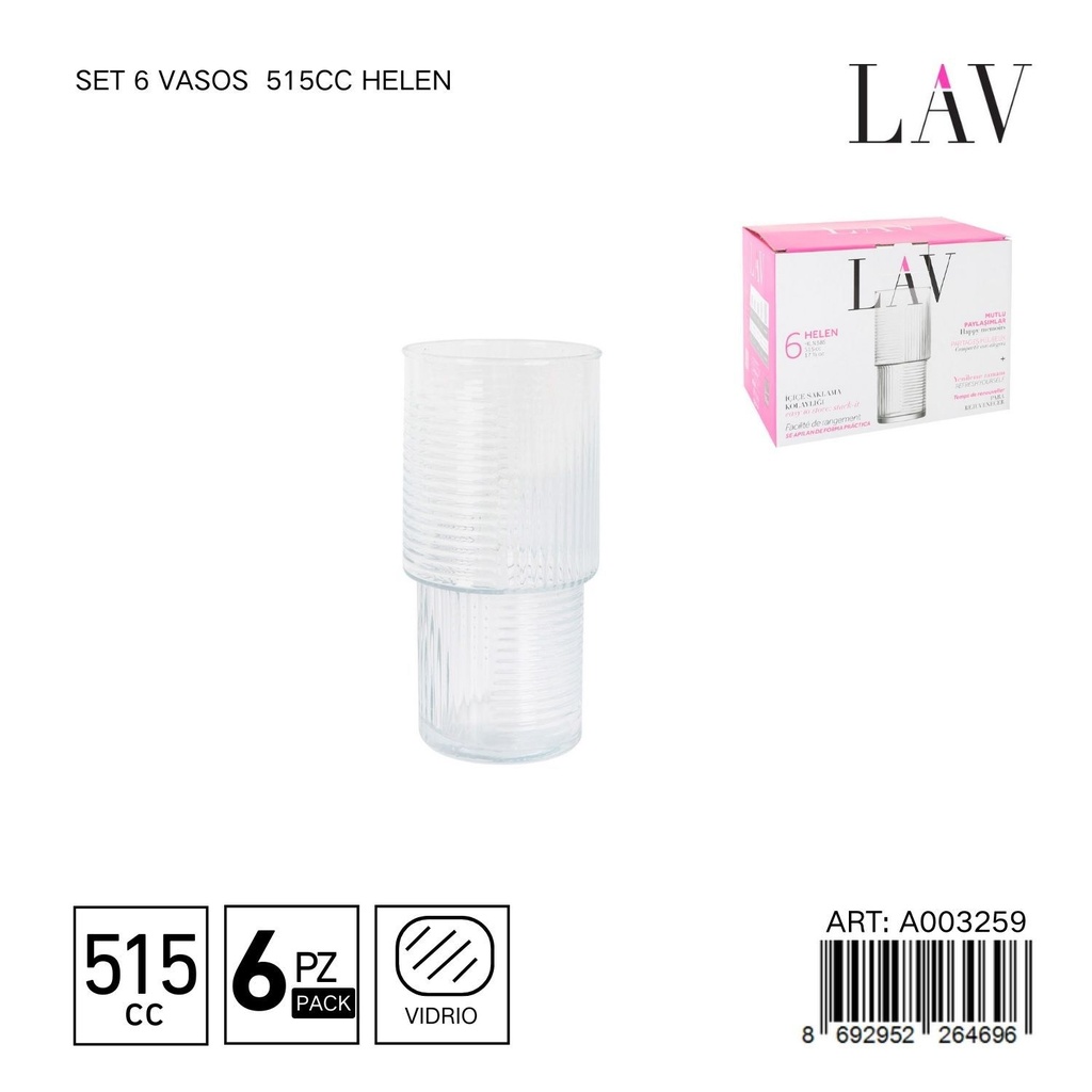 Set de 6 vasos de vidrio 515cc Helen - Vaso grande para diversos usos