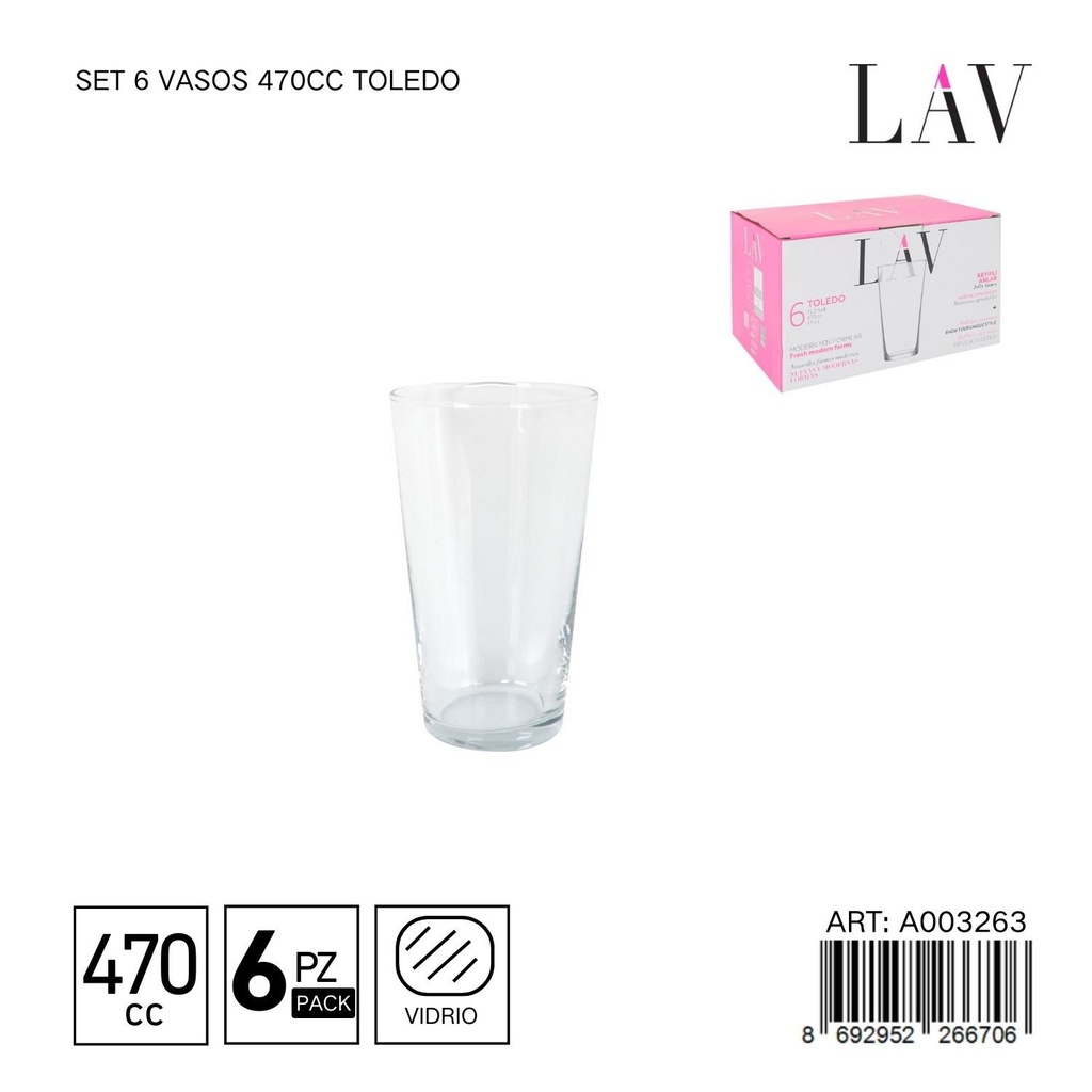 Set de 6 vasos de vidrio 470cc Toledo - Vaso versátil para bebidas