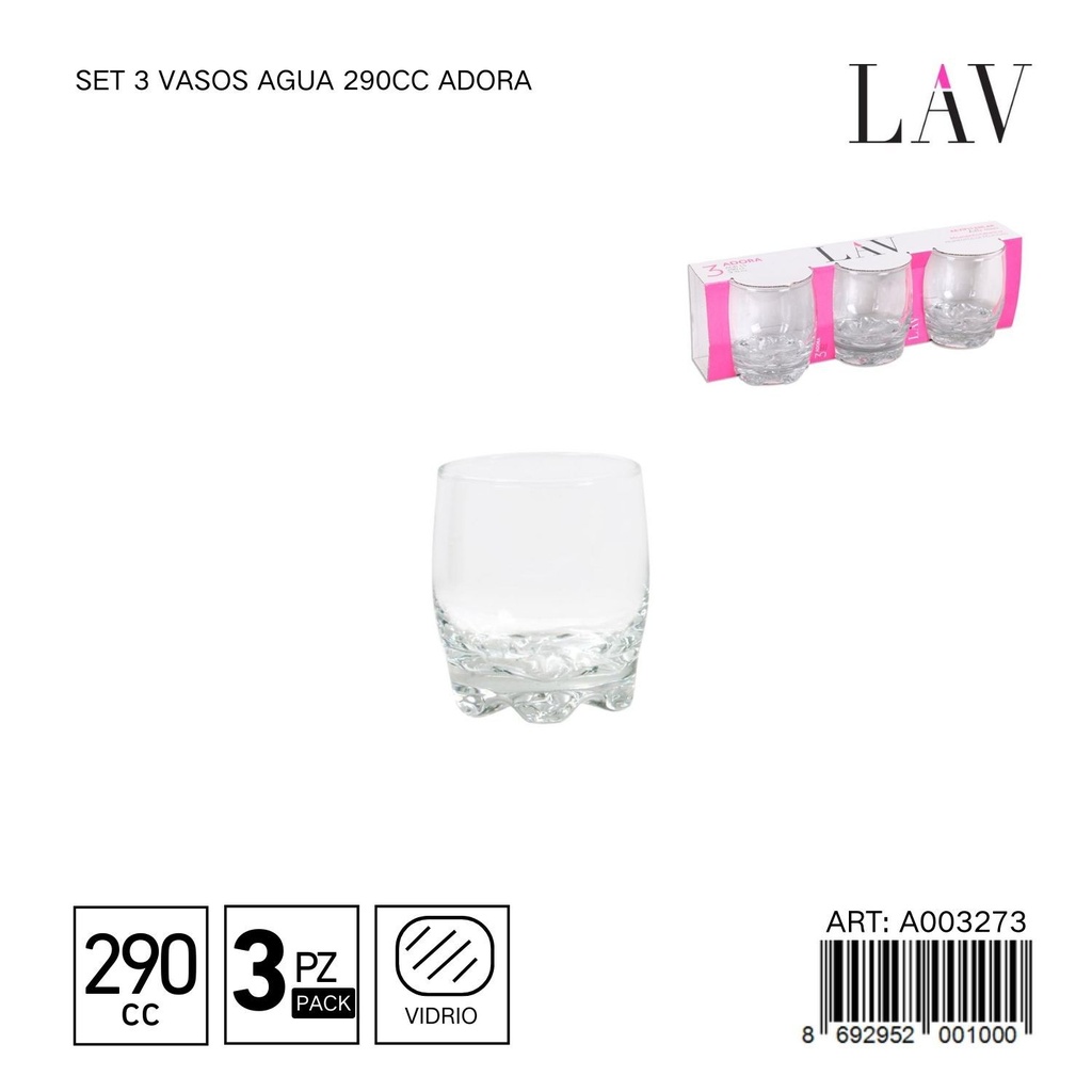 Set de 3 vasos de agua 290cc Adora - Vaso práctico para agua