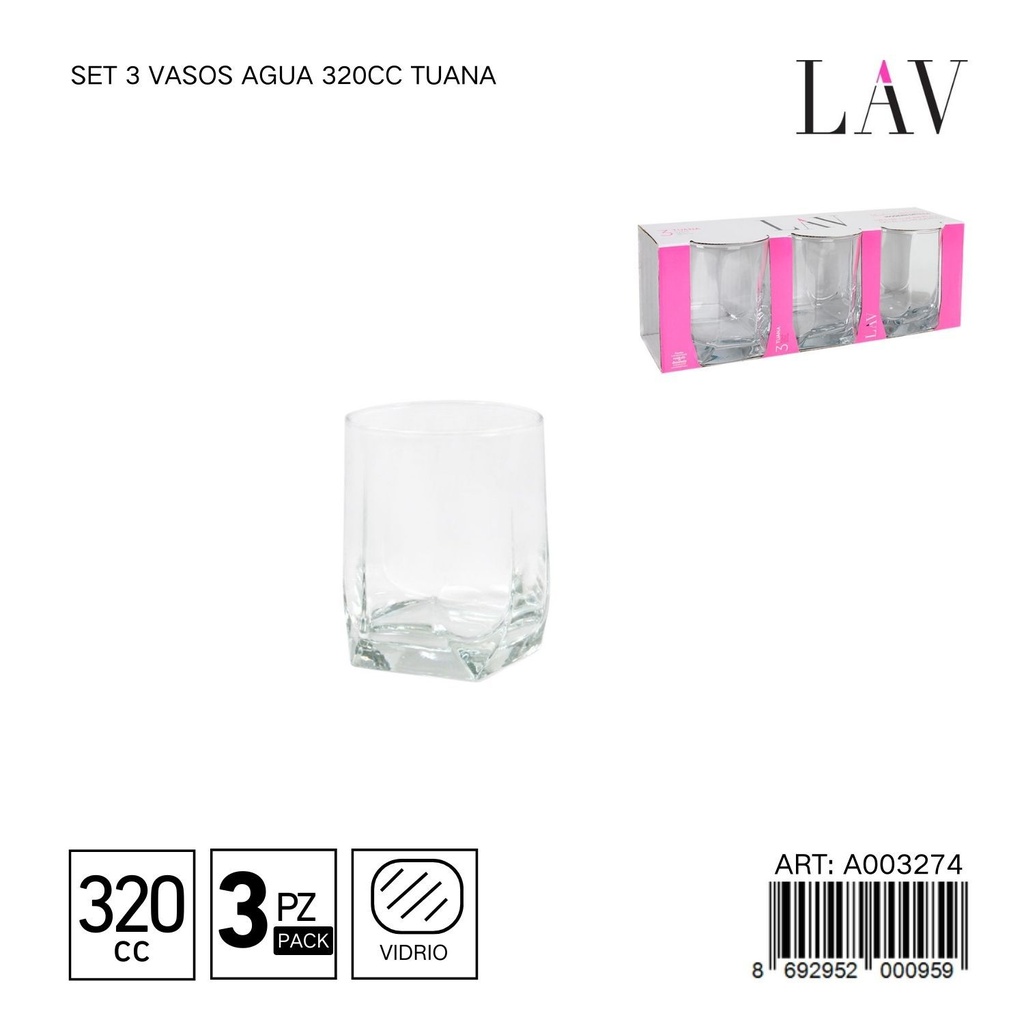 Set de 3 vasos de agua 320cc Tuana - Vaso funcional para líquidos