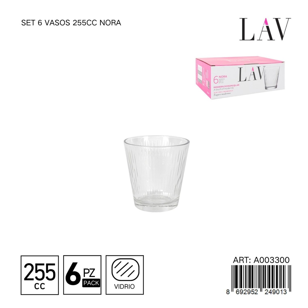 Set de 6 vasos de vidrio 255cc Nora - Vaso versátil y resistente