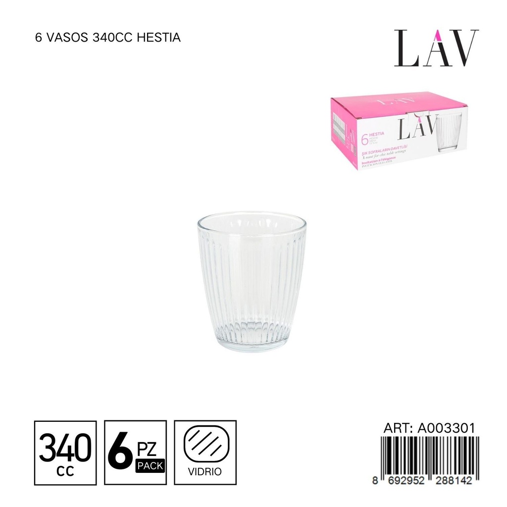 Set de 6 vasos de vidrio 340cc Hestia - Vaso básico para uso diario