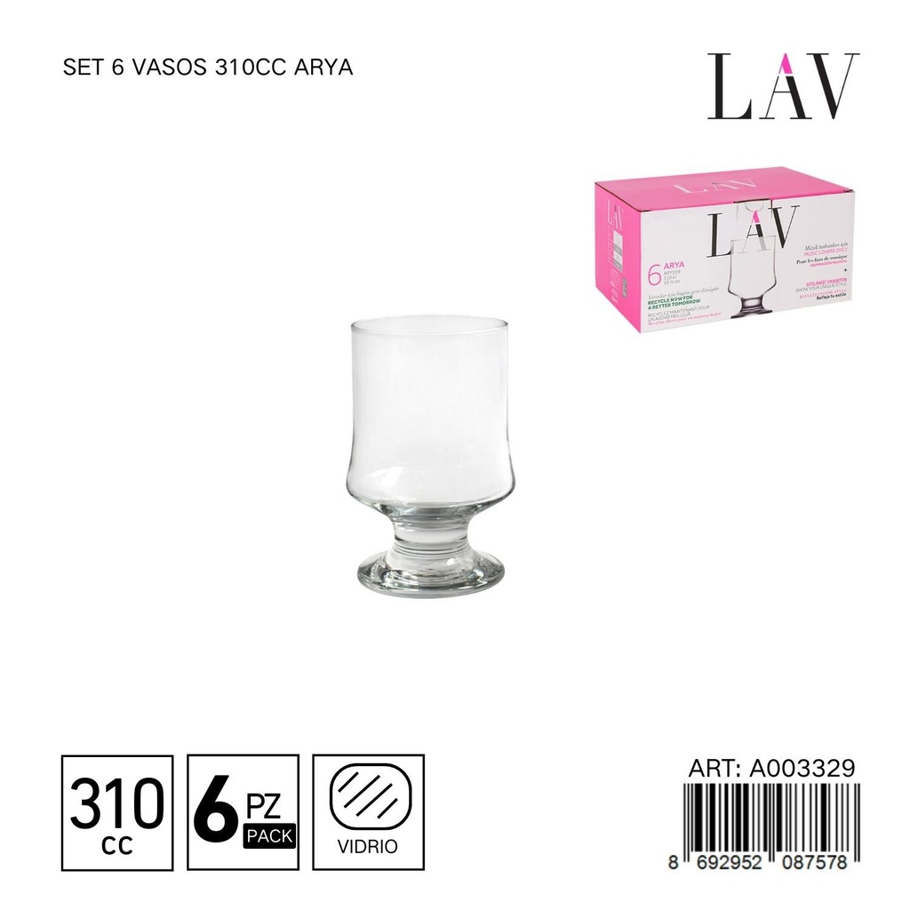 Set de 6 vasos de 310cc Arya - Vaso práctico y funcional