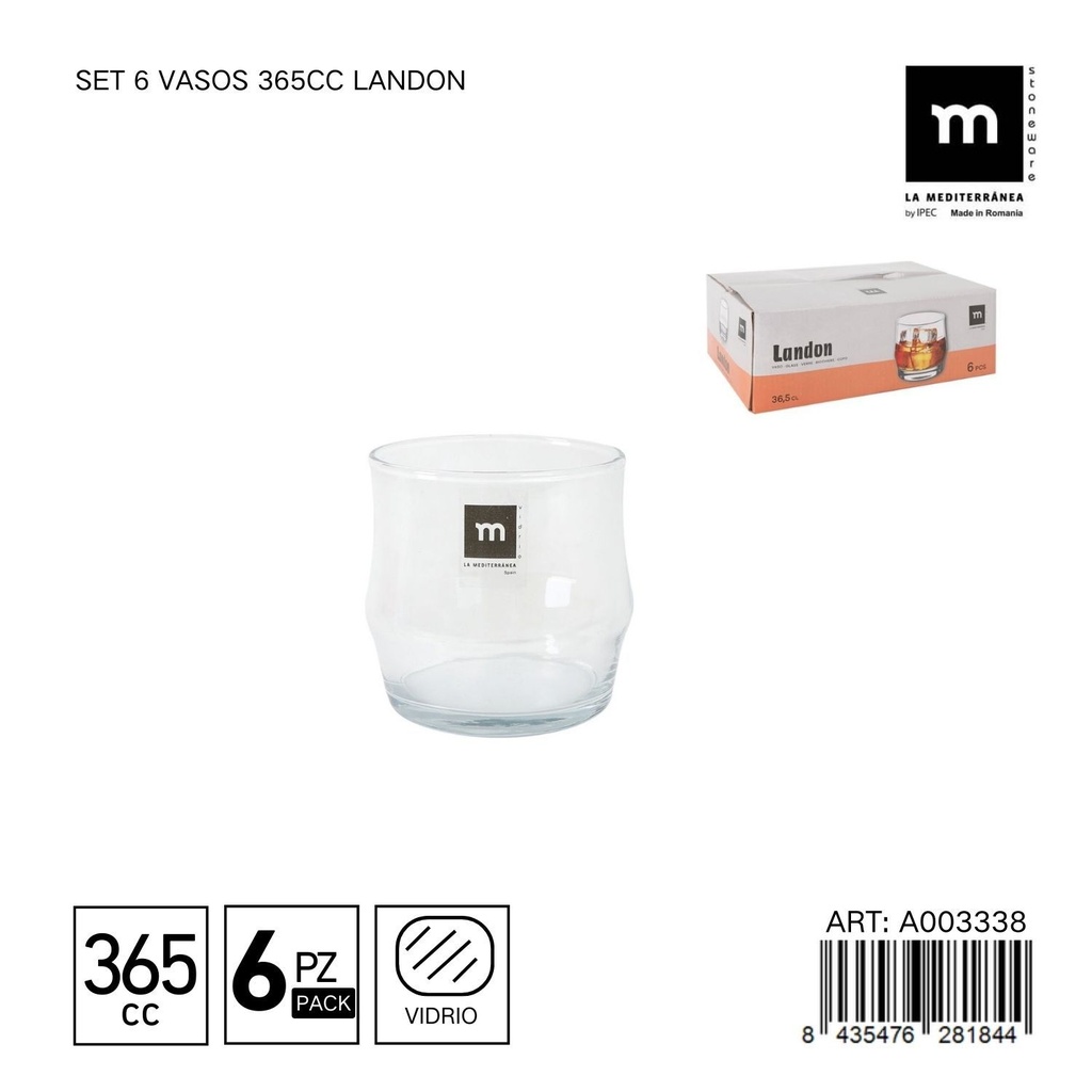 Set de 6 vasos de 365cc Landon - Vaso ideal para todas las bebidas