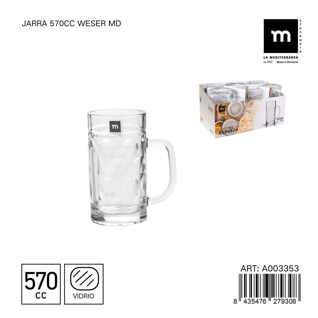 Jarra de vidrio 570cc Weser MD - Ideal para cervezas y jugos