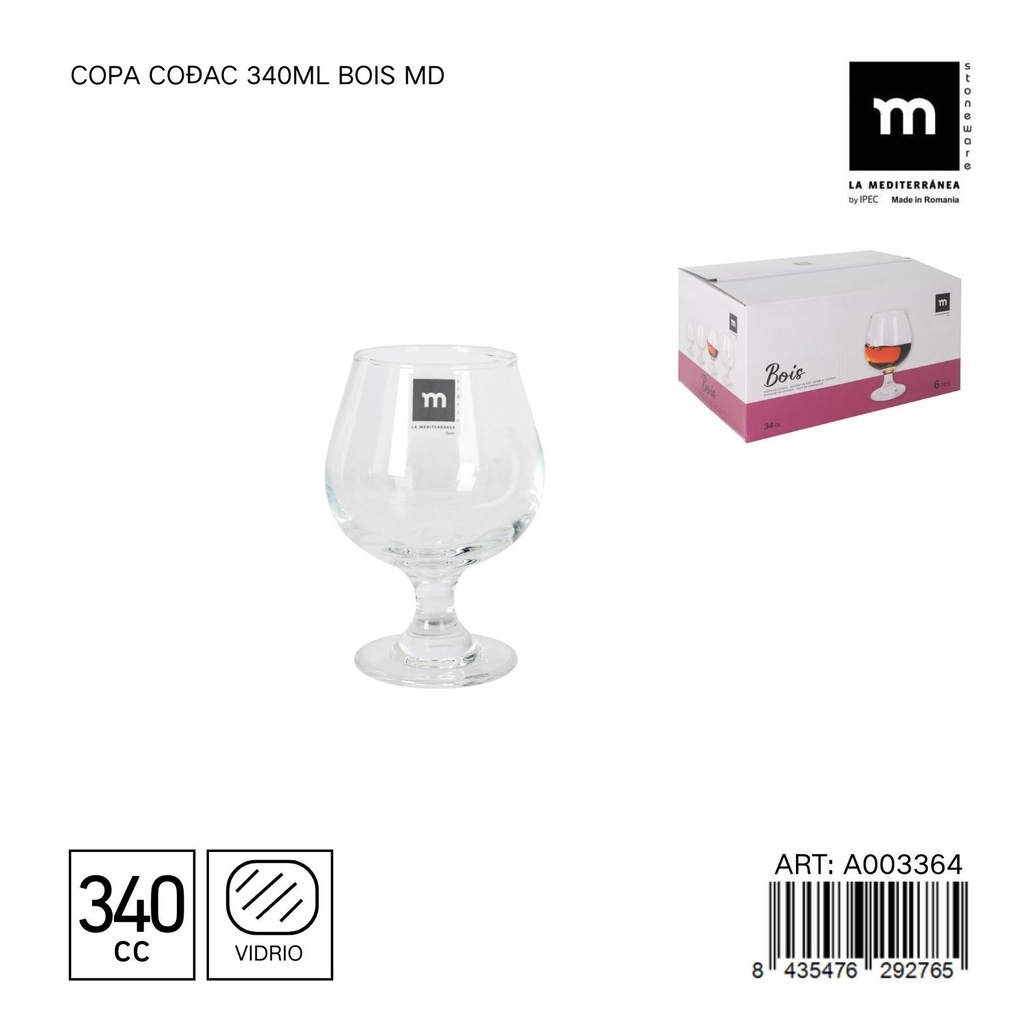 Copa Coñac 340ml Bois MD - Cristal elegante para licores