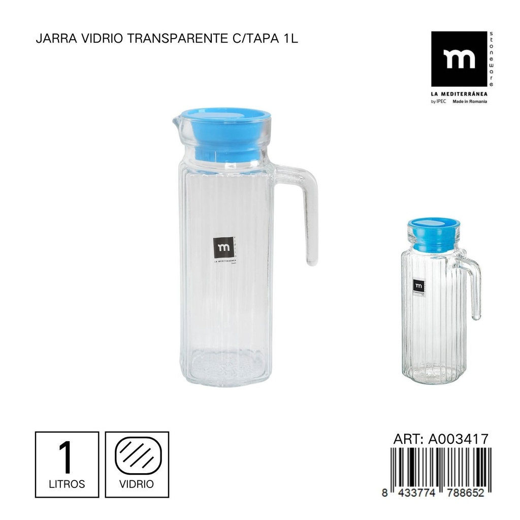 Jarra de vidrio transparente con tapa 1L - Utensilios de mesa y jaras