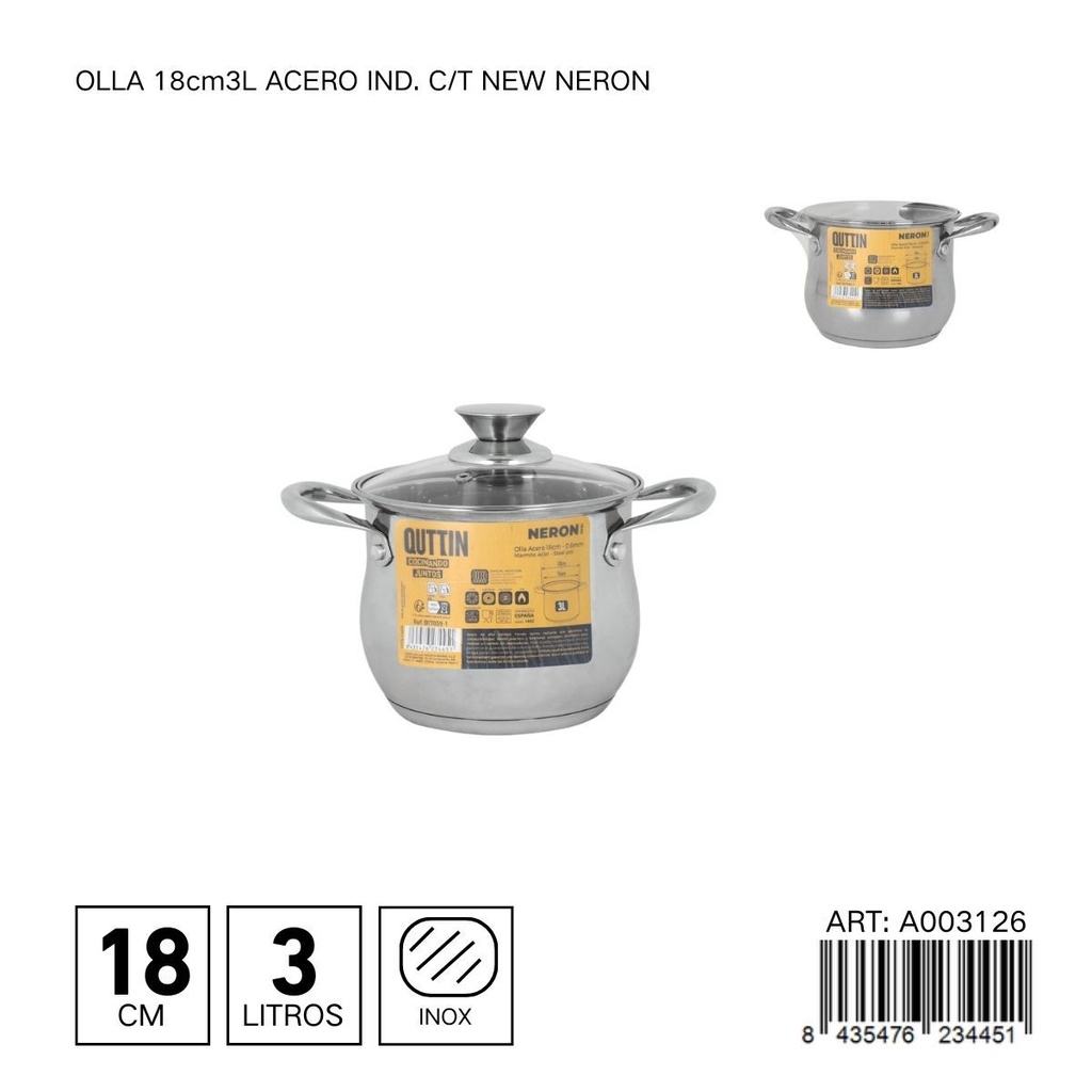 Olla de acero inoxidable con tapa NEW NERON 18 cm 3L - Ollas y cafeteras