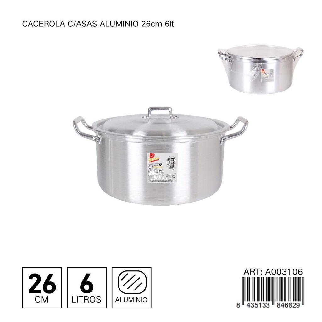 Cacerola de aluminio con tapa de 26 cm 6L - Utensilios de cocina