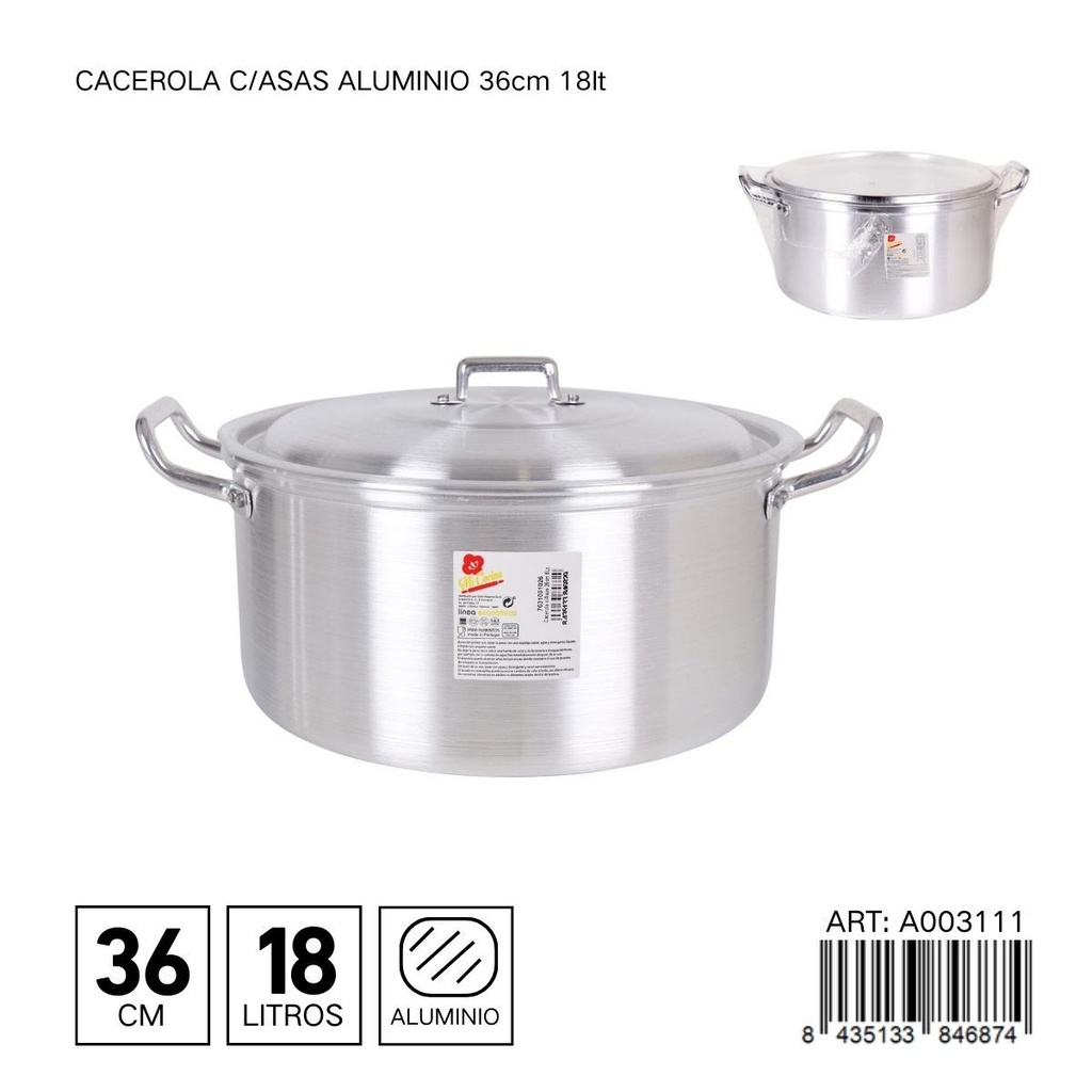 Cacerola de aluminio con tapa de 36 cm 18L - Utensilios de cocina