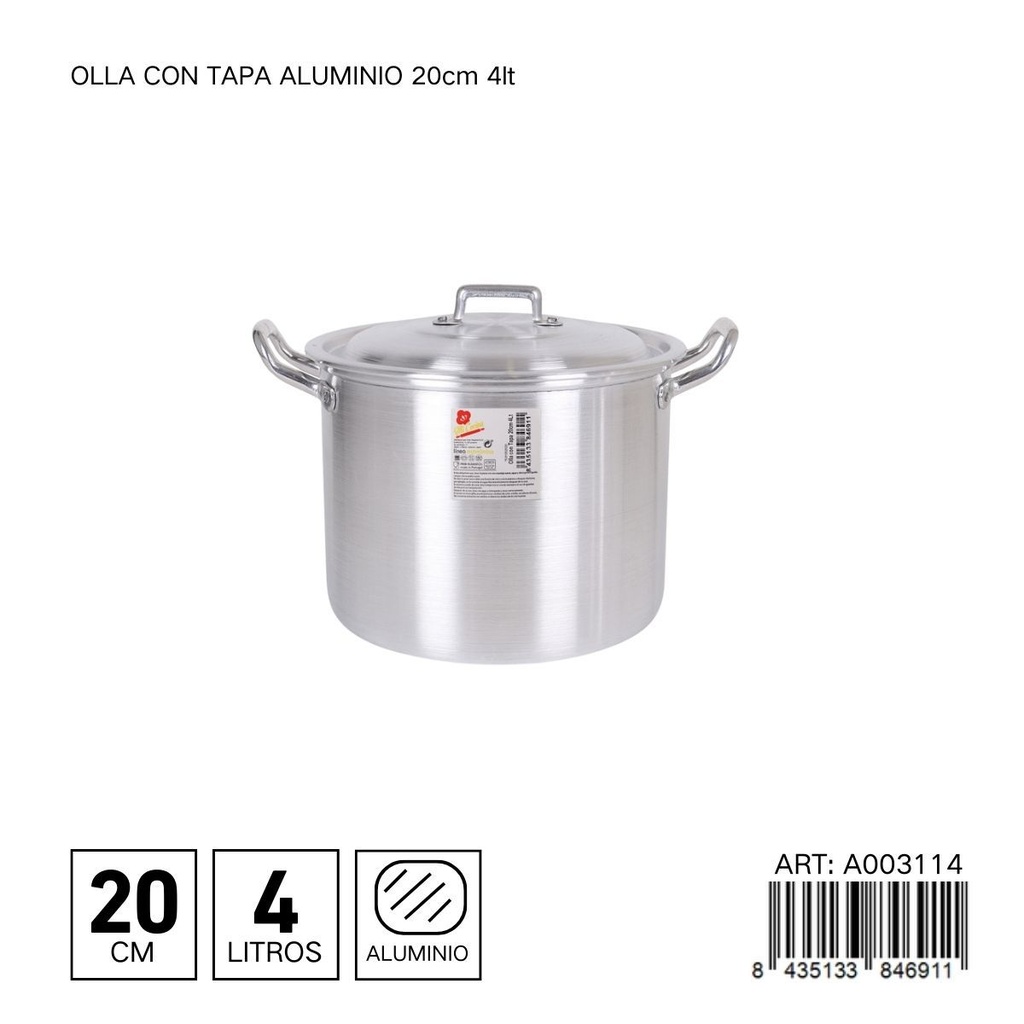 Olla de aluminio con tapa de 20 cm 4L - Utensilios de cocina