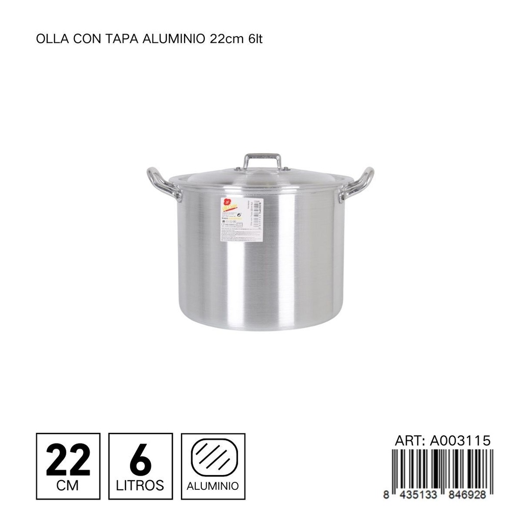 Olla de aluminio con tapa 22 cm 6L - Ollas y cafeteras