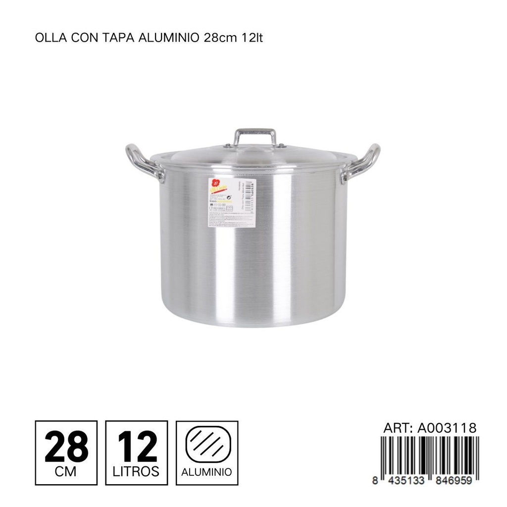 Olla de aluminio con tapa de 28 cm 12L - Utensilios de cocina