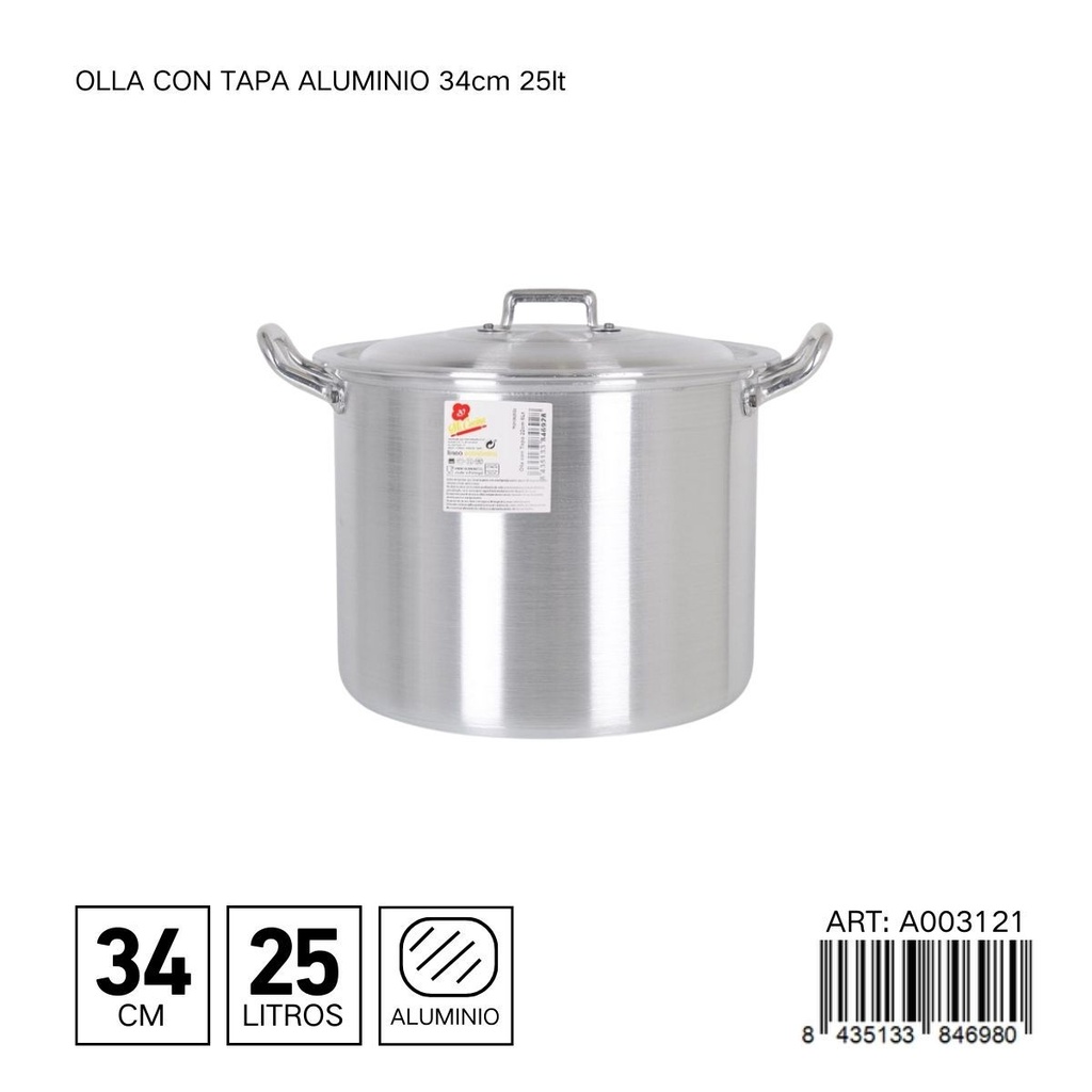 Olla de aluminio con tapa de 34 cm 25L - Utensilios de cocina
