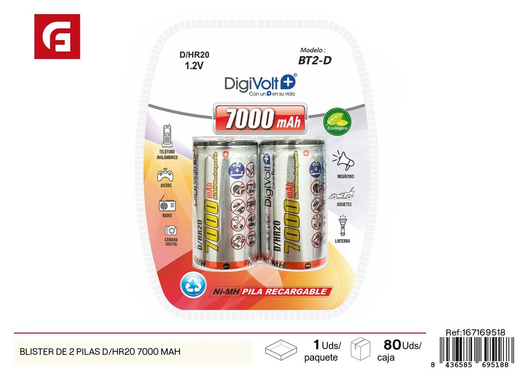 Blister de 2 pilas D/HR20 7000mAh - Electrónica y pilas recargables