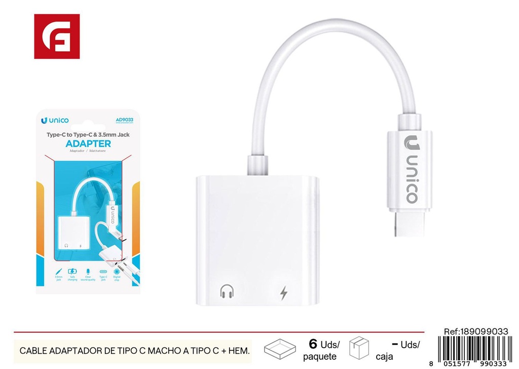 Cable adaptador de tipo C macho a tipo C + hembra de 3.5 mm blanco - Electrónica y cables