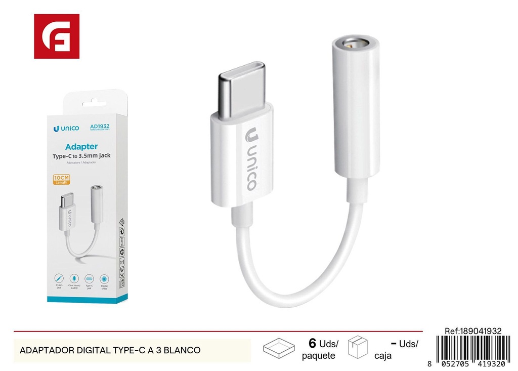 Adaptador digital Type-C a 3 blanco - Electrónica y accesorios de conexión