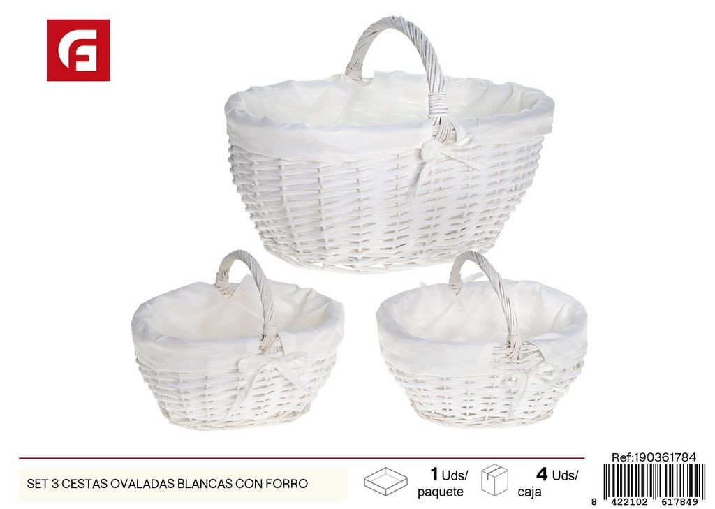 Set de 3 cestas ovaladas blancas con forro - Cestas decorativas y funcionales