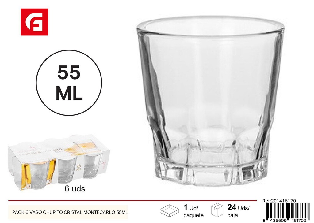 Packing de 6 vasos chupito de cristal Montecarlo 55ml - Vasos de vidrio