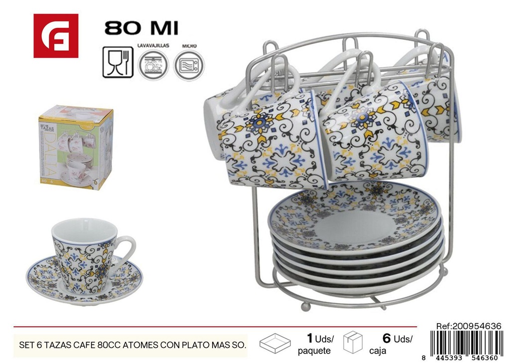 Set de 6 tazas de café 80 cc Atom con plato y soporte - Vajilla completa