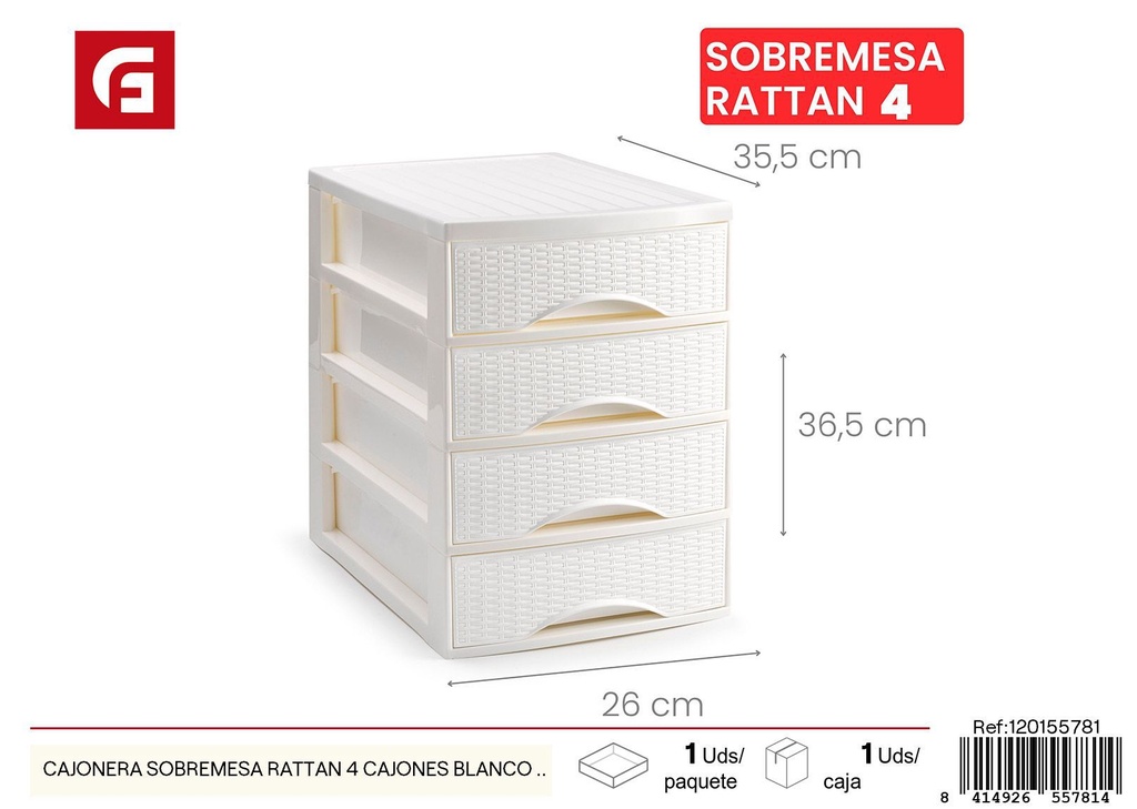 Cajonera sobremesa de rattán blanco roto de 4 cajones - Organización para el hogar