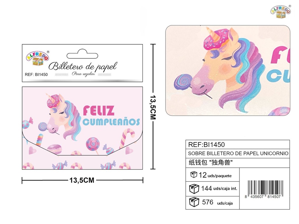 Sobre billetero de papel unicornio 13,5x13,5 cm - Accesorios de papelería divertidos y coloridos