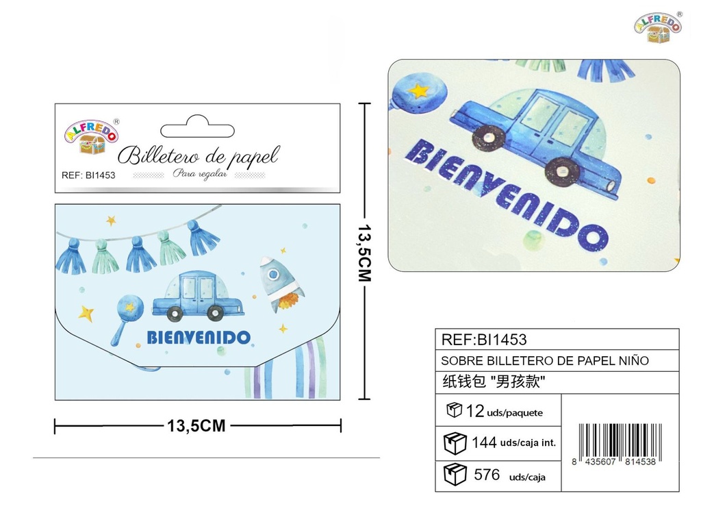 Sobre billetero de papel niño 13,5x13,5 cm - Artículos de cumpleaños y celebraciones infantiles