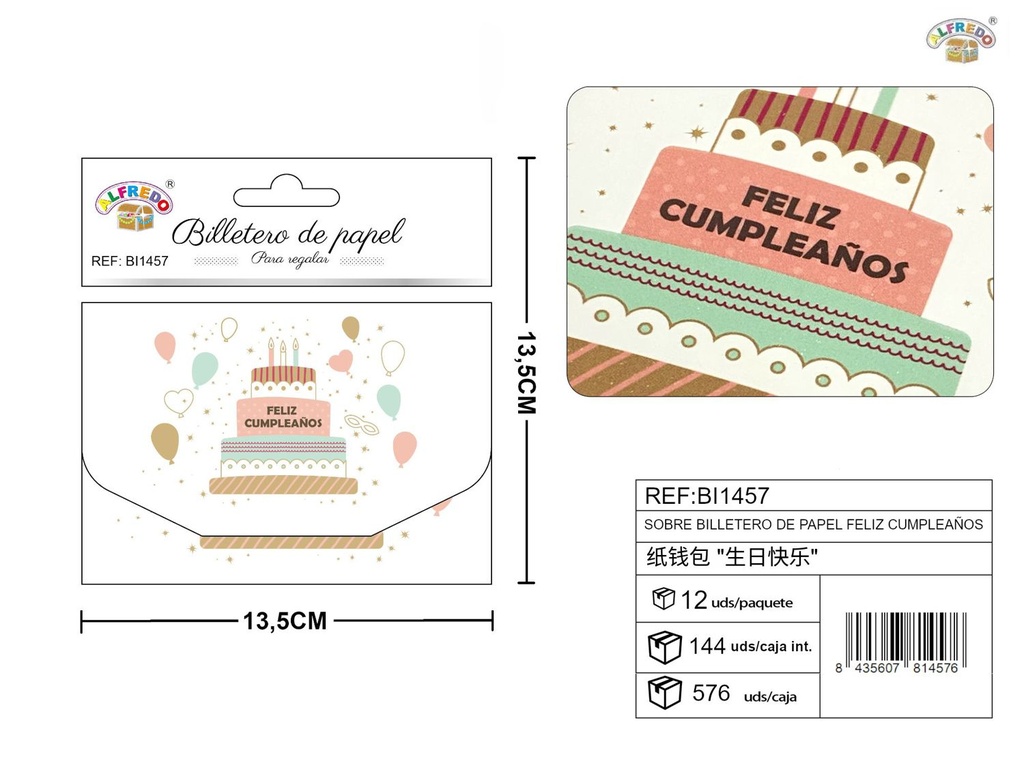 Sobre billetero de papel feliz cumpleaños 13,5x13,5 cm - Tarjetas de fiesta y envoltorios coloridos