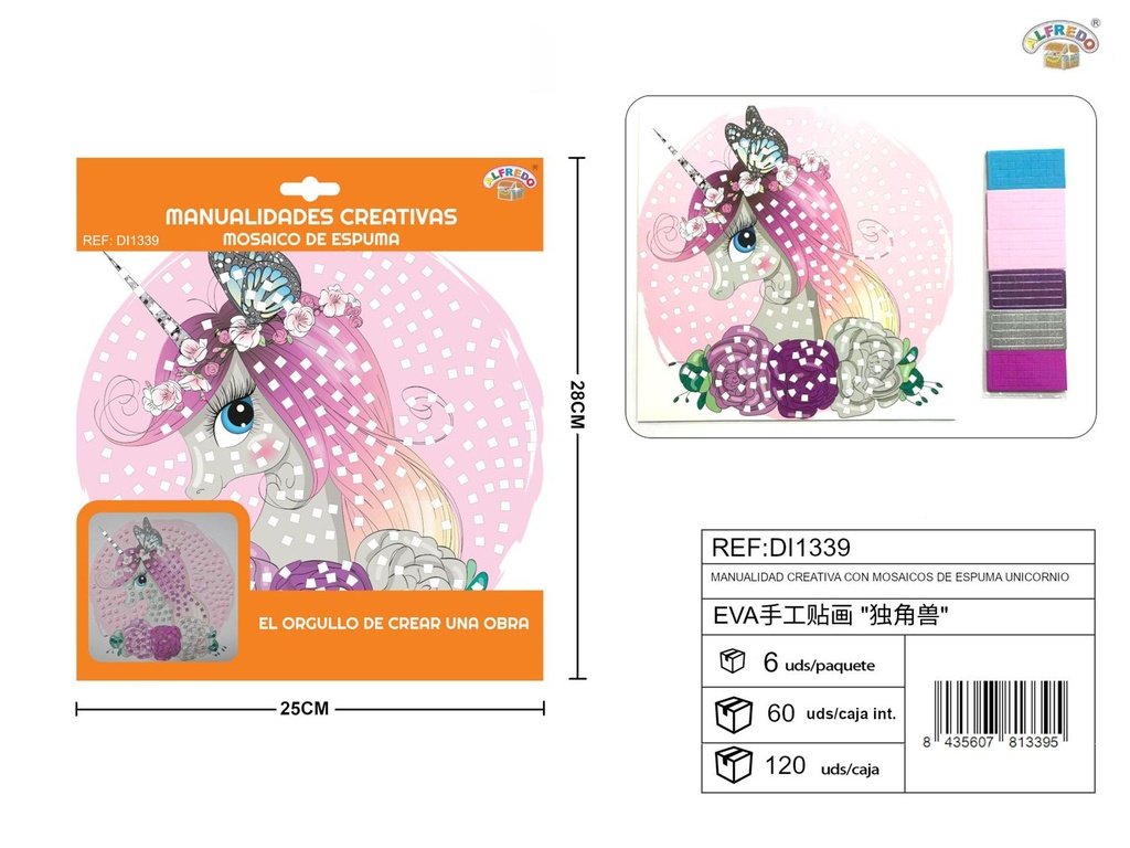 Manualidad creativa con mosaicos de espuma unicornio 25x28 cm - Actividades artísticas para niños