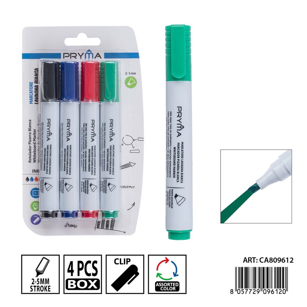 Set de 4 marcadores de pizarra blanca PRYMA biselados de 2-5 mm en negro, rojo, azul y verde - Herramientas de escritura