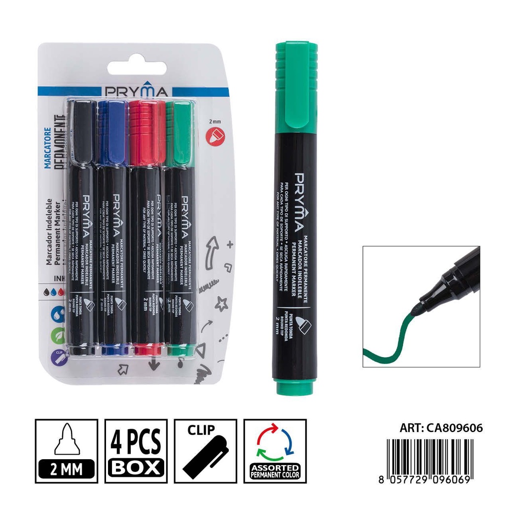 Set de 4 marcadores permanentes PRYMA de 2 mm en negro, rojo, azul y verde - Herramientas de escritura