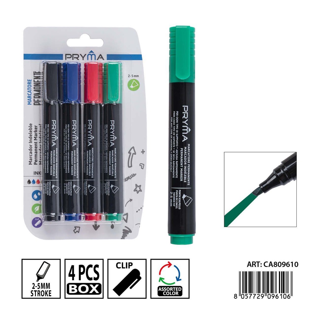 Set de 4 marcadores permanentes PRYMA biselados de 2-5 mm en negro, rojo, azul y verde - Herramientas de escritura