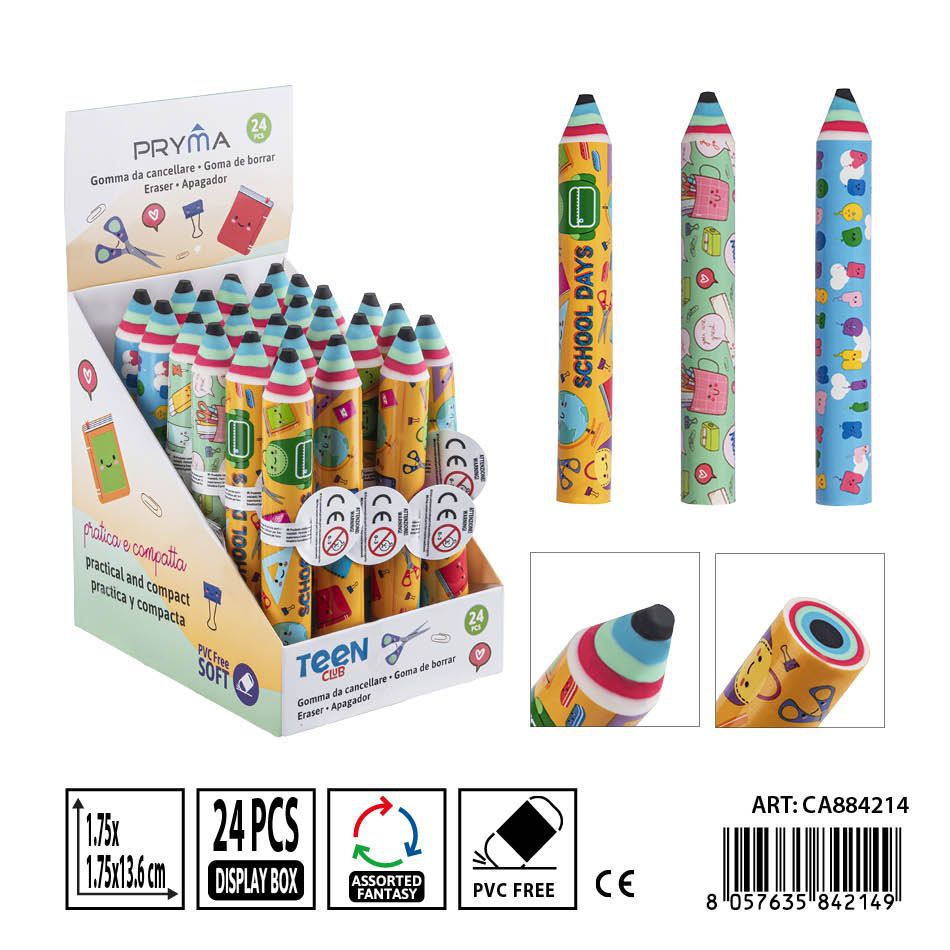 Goma de borrar en forma de lápiz PRYMA de 1.75x1.75x13.6 cm - Artículo de papelería escolar