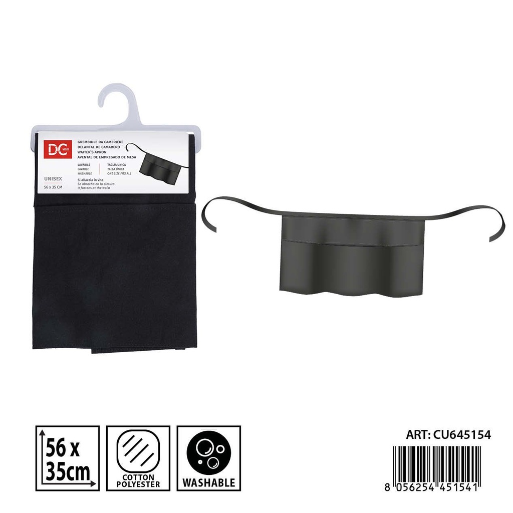 Delantal de camarero negro con 3 bolsillos 56x35 cm DC CASA - Utensilios de cocina