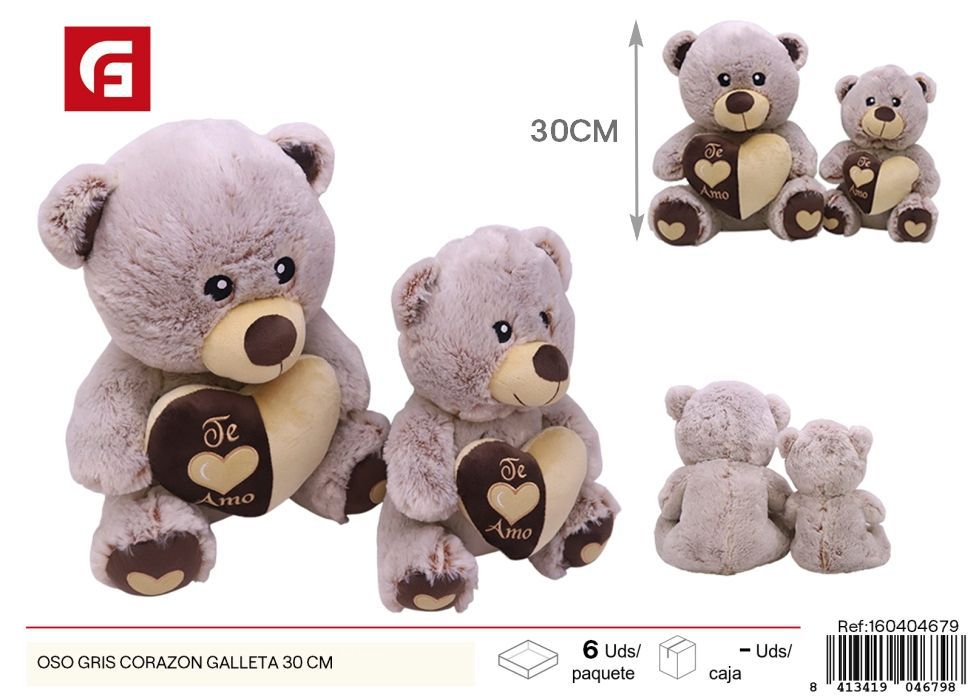 Teddy bear gris forma galleta 30 cm - Regalo encantador y divertido