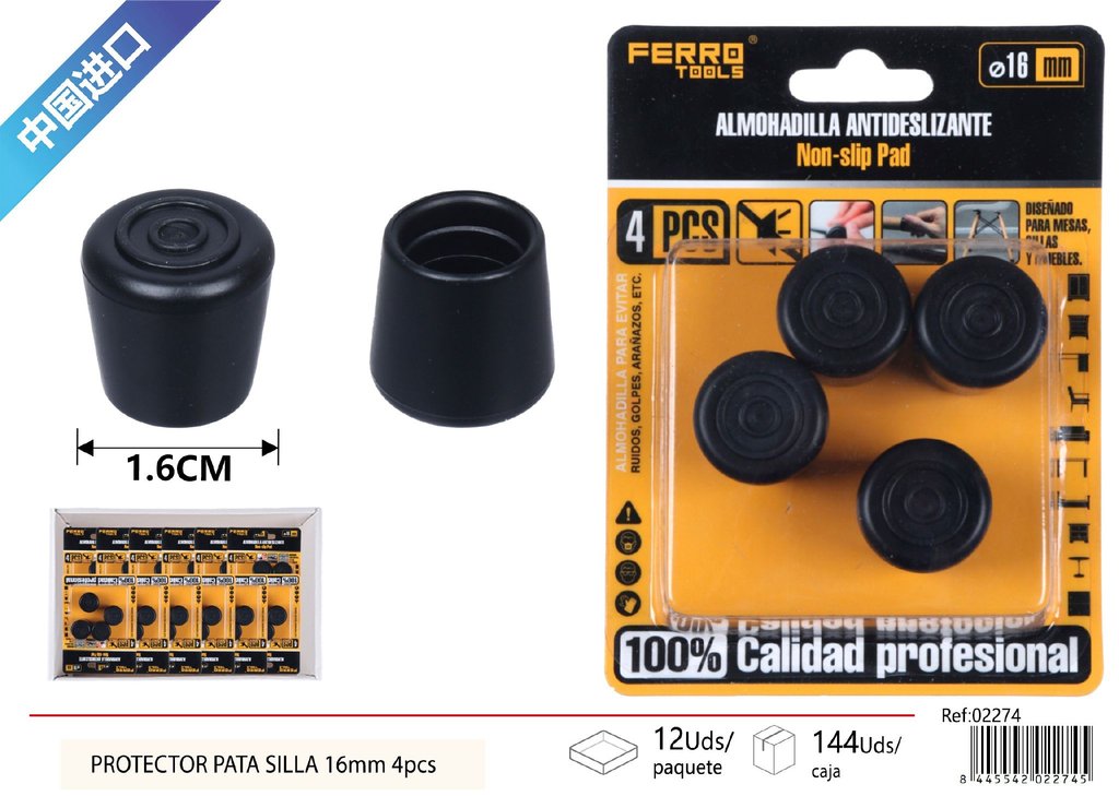 Protector para pata de silla negro 16 mm - Pack de 4 piezas