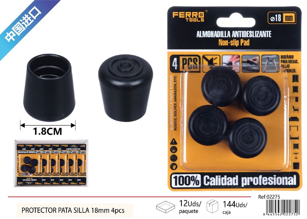 Protector para pata de silla negro 18 mm - Pack de 4 piezas